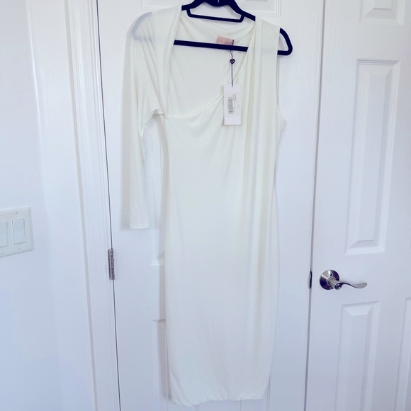 Club L London Elegant White One-Shoulder Long Sleeve Midi Bodycon Dress 10 NEW - Picture 4 of 9